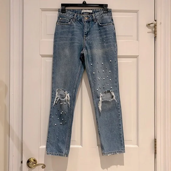 Zara Distressed Pearl Embellished Jeans